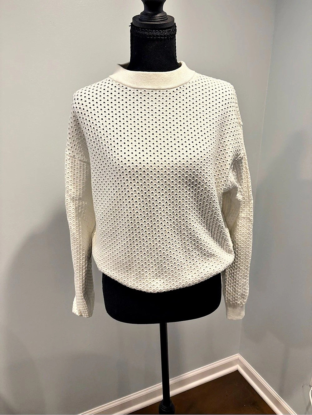 White Open Knit Crewneck Sweater